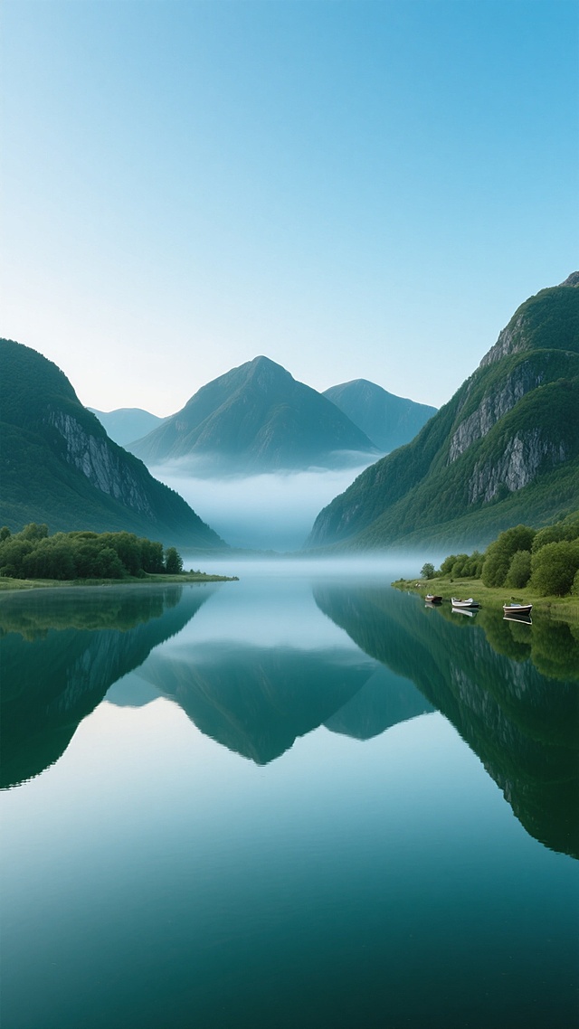 写实摄影风格，清晨薄雾笼罩的宁静山水风光，远处连绵起伏的墨绿色山峦轮廓清晰，山体表面岩石纹理与植被细节丰富，山谷间弥漫着淡淡的乳白色晨雾，近处平静如镜的深绿色湖面倒映着完整的山峦与天空，湖岸线分布着低矮的绿色灌木与零星的小船，天空呈现由浅蓝到淡青色的渐变，光线柔和，整体氛围静谧悠远，构图采用对称式布局，左右两侧山峦遥相呼应，湖面倒影形成完美镜像，色彩以蓝绿色调为主，画面清晰锐利，细节丰富，具有高分辨率的摄影质感。
