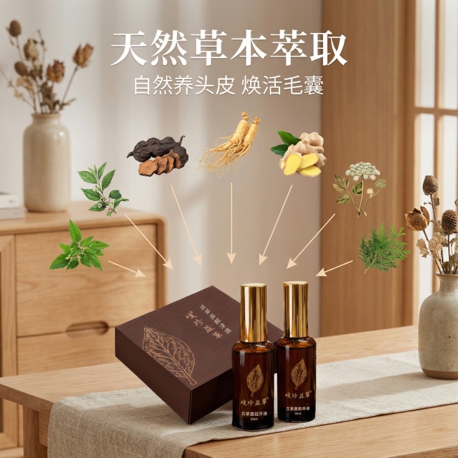 [主图 2 核心成分解析] 歧珍益草百草墨靓泽液产品放置画面底部，上方悬浮多种真实草本植物原料围绕产品，用纤细浅色引线指向产品，展示核心草本成分，呈现天然植物萃取卖点。舒适简约原木风家居背景，柔和自然预览效果