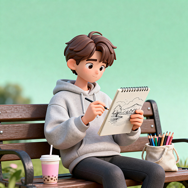 随性自在的年轻中性形象人物，发型自然，穿着宽松卫衣，坐在公园长椅上。手里拿着一本手绘速写本，正用简单线条勾勒眼前的风景，偶尔抬头看一眼真实景色再低头画几笔。旁边放着一杯奶茶和一个装着彩铅的布袋，表情轻松自然。身后是模糊的自然景色，背景为极简纯色，淡绿色渐变搭配速写本浅灰色与奶茶淡粉色点缀，整体氛围轻松闲适。趣味3D插画风格，C4D渲染，OC渲染，Blender建模，柔软光线，马卡龙色系，光滑黏土材质，影棚打光，超细节，人物居中半身呈现