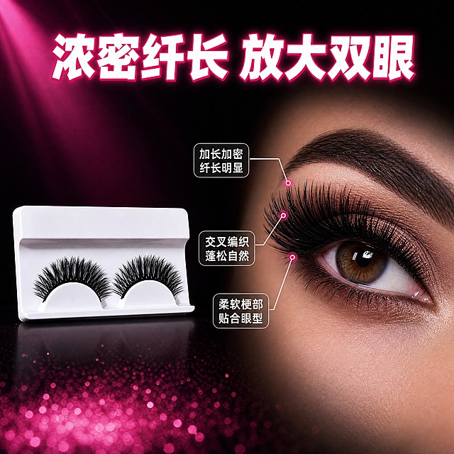 [主图-2] 主题：假睫毛浓密纤长效果展示，突出长度与卷翘度，眼部效果特写。
[统一基调] 整体风格为高性价比美妆电商风，背景主色为黑粉渐变+聚光舞台感，标题字色为亮白色加玫红色描边，辅助字色为浅粉色，强调色为玫红色，字体为粗体无衬线大字，卡片用圆角半透明黑底白字，整体视觉冲击力强、直白醒目。
[画面] 画面右侧为一只眼睛的近距离特写（仅眼部及周围小范围皮肤，不出现全脸），眼睛上佩戴着与产品图同款的黑色浓密假睫毛，睫毛卷翘纤长、根根分明，眼妆为欧美风烟熏妆效果，突出双眼放大的视觉效果。画面左侧放置假睫毛产品实物（白色托盘+一对假睫毛），占比约30%。产品右侧用引线标注三个核心卖点，指向睫毛不同部位。背景为深黑色渐变，带细微闪粉。
[光影质感] 商业摄影质感，眼部特写光线柔和均匀，睫毛细节清晰，产品光影与场景融合自然，无悬浮感。
[配色] 背景黑色渐变，标题白色加玫红描边，引线和标注文字为白色，强调色玫红色。
[文字版式] 顶部主标题大字："浓密纤长 放大双眼"，粗黑体白字加玫红描边。左侧产品旁三条引线标注：第一条指向睫毛尖部写"加长加密 纤长明显"，第二条指向睫毛中部写"交叉编织 蓬松自然"，第三条指向睫毛根部写"柔软梗部 贴合眼型"。文字均为白色，字号约为主标题的35%。
[输出要求] 比例1:1，文字清晰可读，产品清晰，眼部特写真实自然，无变形、错字、模糊、杂乱、水印、平台Logo。禁止夸张对比、医疗功效暗示、极限词。