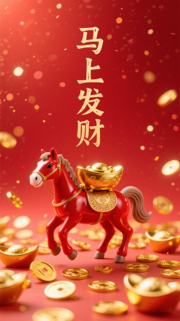 竖着居中写着“马上发财"，小红色的小马驮聚宝盆，地上洒满了金币元宝喜庆色调，简单红色背景粒子效果预览效果