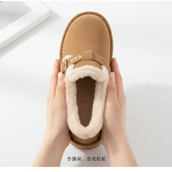 视觉布局： 俯拍或平拍视角，展示鞋子轻便、易穿脱的特点。可以是手捏住柔软的鞋后帮，或展示鞋垫上的羊羔绒。重点表现“穿上即舒适”的感觉。

文案： 画面下方小字：「步履间，自有松弛」。

目的： 强调产预览效果