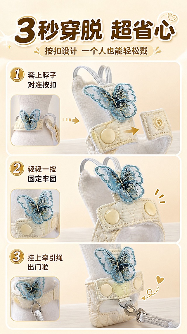 [商品] 使用【图2】背带侧面按扣+蝴蝶装饰图；商品处理：保留米白菱格绗缝面料、两颗圆形米白按扣、蓝色网纱刺绣蝴蝶装饰、内侧毛绒、灰色弹力肩带；增强按扣光泽、蝴蝶刺绣金线细节、缝线立体感，不改变结构和颜色。
[画面] 页面目标：穿戴演示，展示按扣开合设计，说明穿脱方便不挣扎。构图：左中右三栏竖版，左侧步骤1，中间步骤2，右侧步骤3，每栏配小图+文字说明。主体背带侧面图在中间放大，展示按扣开合状态。阅读动线从上到下，从左到右。前景：浅米色桌面；中景：背带侧面主体+步骤示意图；后景：暖米色渐变背景，配柔和箭头引导视线。
[视觉] 套系策略：风格=拼多多萌系轻奢商业摄影风；标题字=圆润粗黑体加描边；正文字=简洁圆角无衬线体；主色=暖米白+香槟金；背景延展=基于暖米白做同色系深浅卡片分区、圆角软分隔；强调色=香槟金，用于步骤序号和箭头；标题色=深棕金；正文色=暖棕灰；组件=圆角步骤卡、金色数字序号、箭头引导线；光影=正面均匀柔光，突出按扣和蝴蝶细节。
[文字] 顶部主标题"3秒穿脱 超省心"，副标题"按扣设计 一个人也能轻松戴"；三步说明："① 套上脖子 对准按扣""② 轻轻一按 固定牢固""③ 挂上牵引绳 出门啦"；文字横排，步骤卡清晰分区。
[规格] 图片比例9:16竖版，4K，避免变形、错字、文字过小、冷蓝背景、背带颜色改变、按扣结构失真。