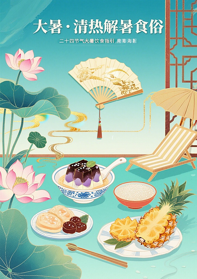 国潮插画风格，二十四节气大暑饮食指南海报，画面主体是仙草冻、米糟、凤梨等大暑传统食物，搭配荷花、蒲扇、纳凉场景等大暑节气元素，顶部有文字"大暑·清热解暑食俗"，整体色调鲜亮清爽，传统国风配色，适合上墙展示