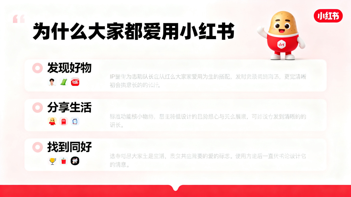 小红书APP推荐PPT功能推荐内页，主色调为小红书标志性红色搭配白色，右上角放置IP形象薯队长，左侧分三点展示核心功能：1. 发现好物 2. 分享生活 3. 找到同好，标题为"为什么大家都爱用小红书"预览效果