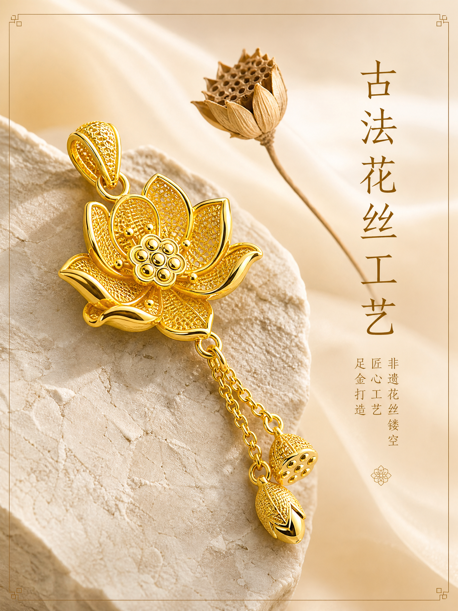 [主图-2] 北臣古法花丝莲花流苏黄金吊坠 工艺细节展示 花丝… - 图片创意预览