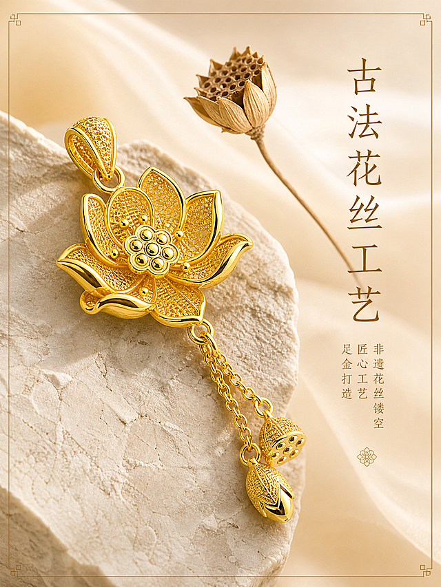 [主图-2] 北臣古法花丝莲花流苏黄金吊坠 工艺细节展示 花丝工艺微距质感。
[统一基调] 整体风格为高级国风轻奢珠宝风，背景主色为香槟金渐变到奶油白，背景材质为柔光丝绸质感，标题字色为深金色，辅助字色为浅棕金，强调色为足金亮金色，字体为纤细宋体国风书法感，字号层级分明，卡片与边框为极细金线装饰，整体克制精致。
[画面] 产品位于画面中央偏左，略微俯视45度侧视角，主体占画面约60%。重点展示莲花花瓣的古法花丝镂空工艺细节，花瓣上网格状花丝纹理清晰可见，花蕊圆珠颗粒饱满，下方流苏链条与莲蓬花苞的纹理细节清晰。吊坠斜放在浅米色岩板上，岩板有细腻纹理，旁边放一支细小的干莲花枝做点缀。
[光影质感] 微距珠宝摄影，柔光箱侧光勾勒花丝镂空处透光效果明显，金属边缘高光细腻，花丝缝隙干净无灰尘，足金材质温润有光泽，阴影柔和自然。
[配色] 香槟金、奶油白、深金、浅棕金，整体暖调高级感。
[文字版式] 画面右侧留白处竖排文字，主标题"古法花丝工艺"深金色大字号纤细宋体，下方三行小字说明"非遗花丝镂空 匠心工艺 足金打造"浅金色小号宋体，文字不遮挡产品。
[输出要求] 比例3:4，文字清晰可读，产品细节清晰锐利，花丝纹理清楚，足金颜色纯正，无变形，无错字，无模糊，无杂乱元素，无水印，无平台Logo。