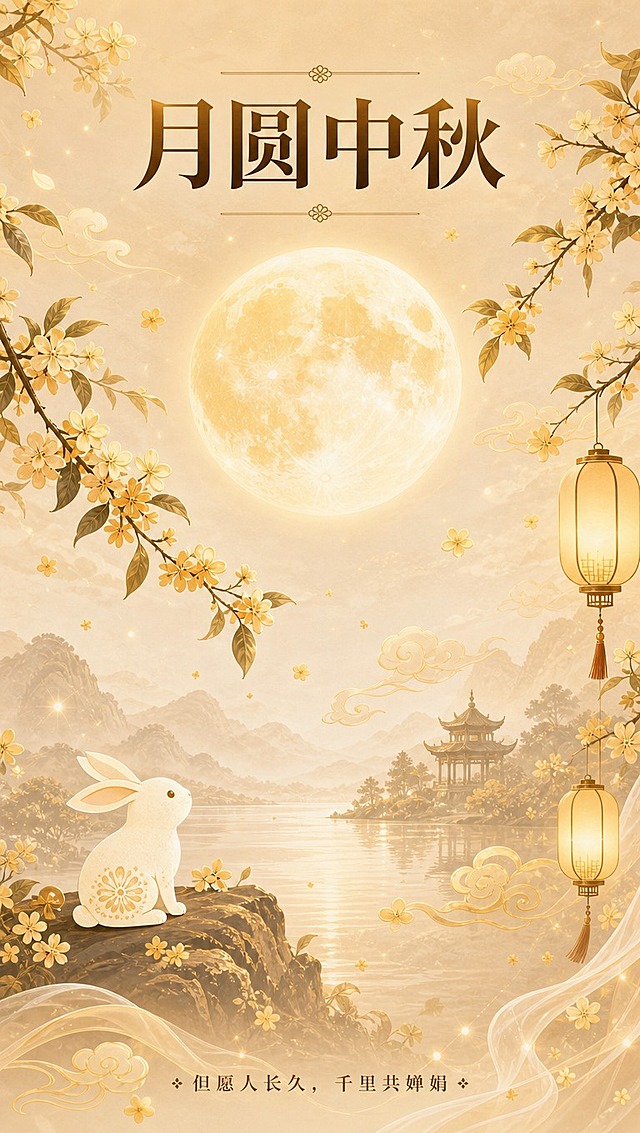 [商品] 使用【图2】网微科技中秋封面图作为风格参考；延续暖金米色调、新中式国潮风格；保留圆月、桂花、玉兔、山水、祥云、灯笼等核心中秋视觉元素。
[画面] 目标：公众号长图第3张-中秋意境页；构图：满版意境画面，上下留白配文字；主体占比：中秋意境画面占画面80%，圆月居中偏上，玉兔在下方山石上望月，两侧桂花枝垂落，远处山水楼阁；阅读动线：从上到下，标题→意境画面→底部诗句；前中后景：前景飘落桂花和祥云，中景玉兔与桂花枝，后景圆月、远山、湖水、楼阁；竖版9:16比例，氛围诗意浪漫。
[视觉] 套系策略：风格=新中式国潮风，暖金雅致；标题字=宋体衬线粗体，厚重典雅；正文字=简洁宋体，端庄大气；主色=暖金色+米杏色；背景延展=基于米杏色做渐变晕染、山水墨色层次、云雾缭绕质感；强调色=深棕金色，仅用于标题文字、图标点缀和灯笼光效；标题色=深棕金色；正文色=深褐色；组件=金色细线分割、祥云纹样、桂花点缀；光影=顶部圆月暖光，整体柔和暖调逆光氛围。
[文字] 顶部居中：主标题"月圆中秋"；底部居中：诗句小字"但愿人长久，千里共婵娟"；文字横向排版，字号适中，不遮挡画面主体景致，与画面融为一体。
[规格] 图片比例9:16竖版，4K分辨率，避免变形、错字、文字过小、冷蓝色调、风格不统一。