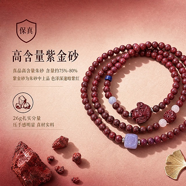 [主图-2] 材质纯度卖点 高含量紫金砂 真品保障
[统一基调] 高级渐变酒红到裸粉色背景，带细腻纸质感肌理，国风高级珠宝摄影风格，柔光箱主光+侧方轮廓光，整体色调温暖雅致，字体使用纤细宋体类国风字体，标题字色为深酒红色，辅助文字为米金色，图标采用简约线性国风图标。
[画面] 紫金砂招财猫平安转运珠双圈手串位于画面右侧，呈半展开状态，清晰展示朱砂珠子的色泽和质感，产品外观、颜色、结构与输入图完全一致。左侧为材质卖点信息区。背景为酒红到裸粉的高级渐变纸质感背景。画面中点缀少量天然朱砂原矿石小颗粒和一片简约银杏叶金属小配饰，呼应材质主题。
[光影质感] 商业珠宝微距摄影质感，柔光细腻，朱砂珠子表面深邃暗紫红色，可见天然矿物颗粒的细腻星光质感，质地温润厚重，体现高含量紫金砂的品质感。
[配色] 背景：酒红→裸粉高级渐变+纸质感肌理；主文字：深酒红色；辅助文字：米金色；图标：深酒红色线性图标。
[文字版式] 左侧信息区分三层：顶部配盾牌形保真图标+大标题"高含量紫金砂"；中间两行说明文字"真品高含量朱砂 含量约75%-80%""紫金砂为朱砂中上品 色泽深邃暗紫红"；底部配朱砂颗粒图标+"26g扎实分量 压手感明显 真材实料"。文字左对齐，层级清晰，图标与文字搭配。
[输出要求] 1:1正方形构图，2K分辨率，产品清晰，文字清晰可读。负向：变形、错字、模糊、杂乱、水印、平台Logo、产品外观改变、塑料感。