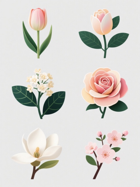 6个规整排布的素材，每张素材均为规整排布的单一花朵造型图案，花朵包含郁金香、桂花、玫瑰花、白玉兰、樱花、芍药基本元素内容，整体造型简约现代，采用纯色背景，花朵具有柔和渐变色彩，花瓣边缘有细腻高光，叶片为深绿色带有清晰叶脉纹理，整体风格统一，构图对称平衡，色彩明快清新，具有现代简约设计感。预览效果