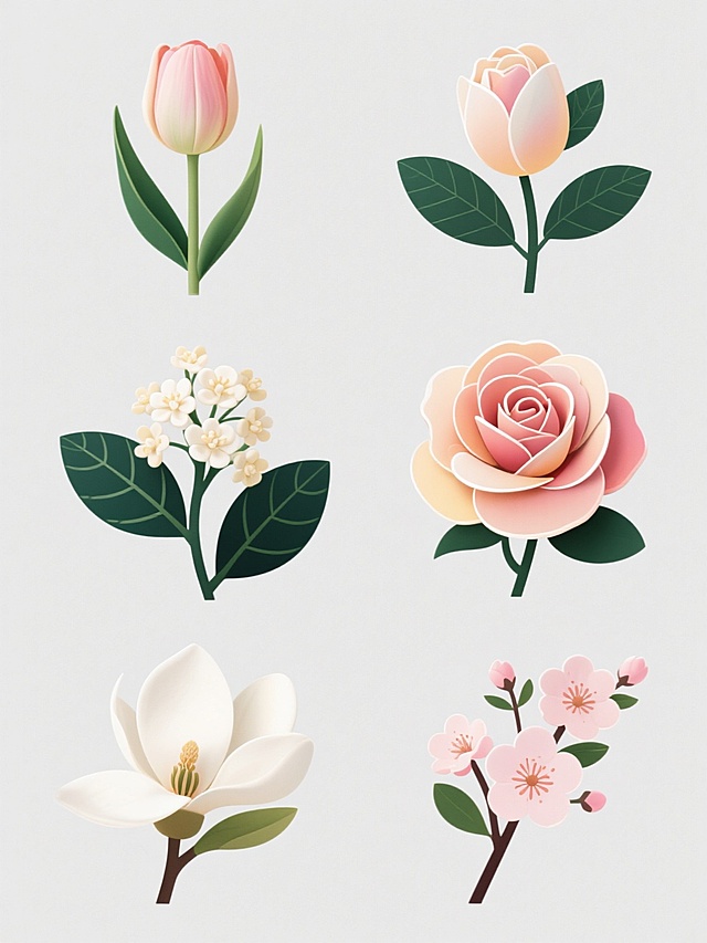 6个规整排布的素材，每张素材均为规整排布的单一花朵造型图案，花朵包含郁金香、桂花、玫瑰花、白玉兰、樱花、芍药基本元素内容，整体造型简约现代，采用纯色背景，花朵具有柔和渐变色彩，花瓣边缘有细腻高光，叶片为深绿色带有清晰叶脉纹理，整体风格统一，构图对称平衡，色彩明快清新，具有现代简约设计感。