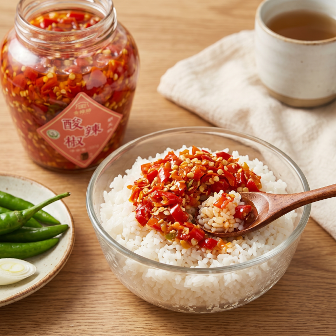淘宝电商主图，金辣娇酸辣椒550g，展示剁椒搭配米饭的下饭场景，家常风格，突出产品开胃好吃的卖点，干净温馨背景预览效果