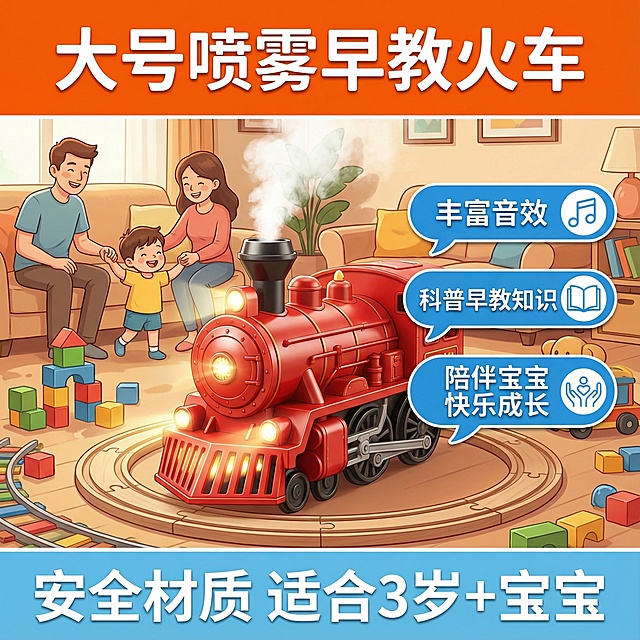 三张图上“小号惯性火车”都改为“大号喷雾早教火车”，第二张，车门只有侧面前后小门能开，中间开着的两个门关闭。第三张灯只有车头上面的一个灯能亮，其他的不亮