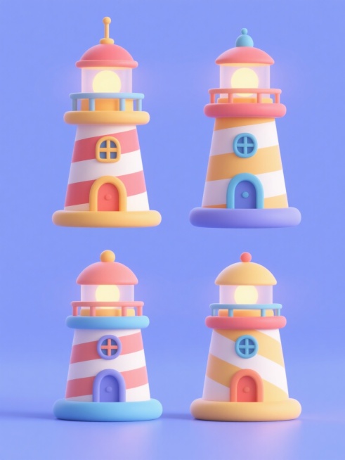 4个不同造型的卡通风格3D灯塔元素集合，保持简约圆润的几何造型和明亮鲜艳的配色方案，每个灯塔具有独特的条纹图案、窗户设计和顶部结构，统一采用纯色背景，元素规整排布形成系列感，整体呈现出可爱、友好的视觉风格，适合用于儿童主题设计或装饰素材。预览效果