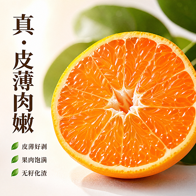 创作5张不同的主图，首图需有促销、卖点等元素。
创作橘子商品的详情图，包括焦点图、卖点图、细节图、信息图、果园图、售后说明等。