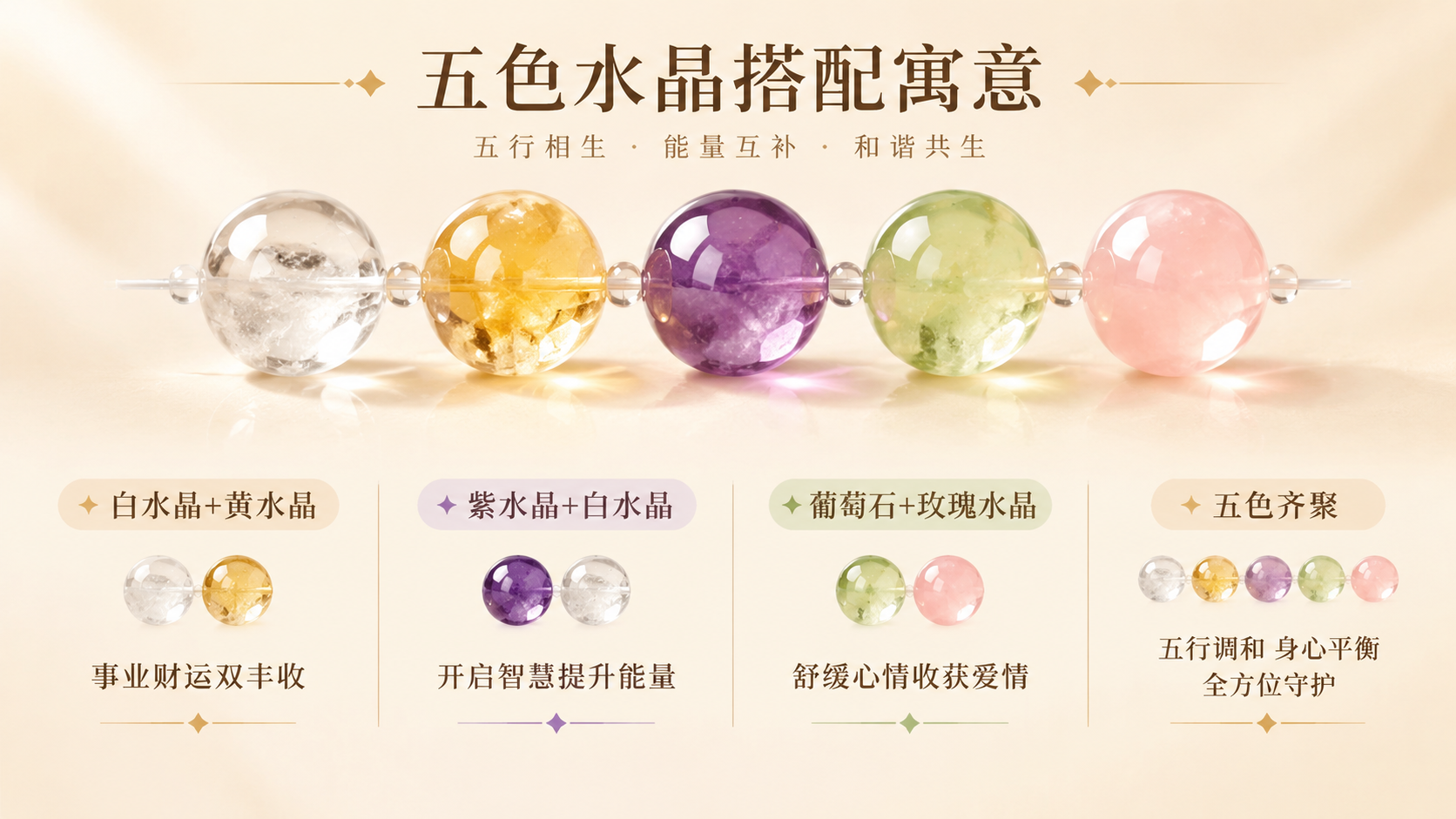 横版信息图设计，展示五种水晶搭配组合的寓意，排版整齐干净，简约… - 图片创意预览