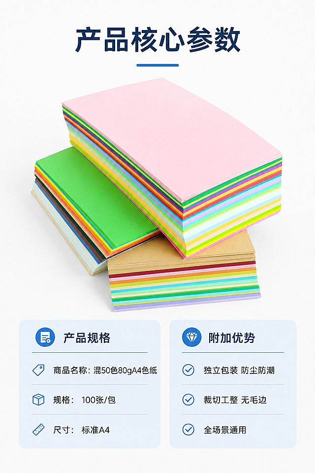 [第7屏] 产品规格总结和附加优势信息卡。本屏使用【图8】作为产品全家福主体
[氛围/风格] 信息总结页，干净清爽，信息清晰，专业可信
[元素布局] 产品全家福居中靠上，占画面约50%，下方信息卡片分两列介绍规格和附加优势；主体纸张摆放和色彩与原图一致
[光影质感] 均匀棚拍布光，整体明亮干净，产品轮廓清晰，阴影柔和
[配色色系] 全局底色 #F8F8F8，下方信息区浅蓝色块分栏
[视角构图] 上下结构，上产品下信息，符合移动端从上到下阅读习惯
[文字版式] 顶部标题「产品核心参数」，下方左栏写规格：「商品名称：混50色80gA4色纸」「规格：100张/包」「尺寸：标准A4」；右栏写附加优势：「独立包装 防尘防潮」「裁切工整 无毛边」「全场景通用」；文字排版整齐清晰，信息不重叠
[比例分辨率] 9:16竖版比例，4K分辨率，文字清晰可辨，高清画质
[负向提示词] 产品变形错位，文字模糊，排版混乱，信息错误，水印