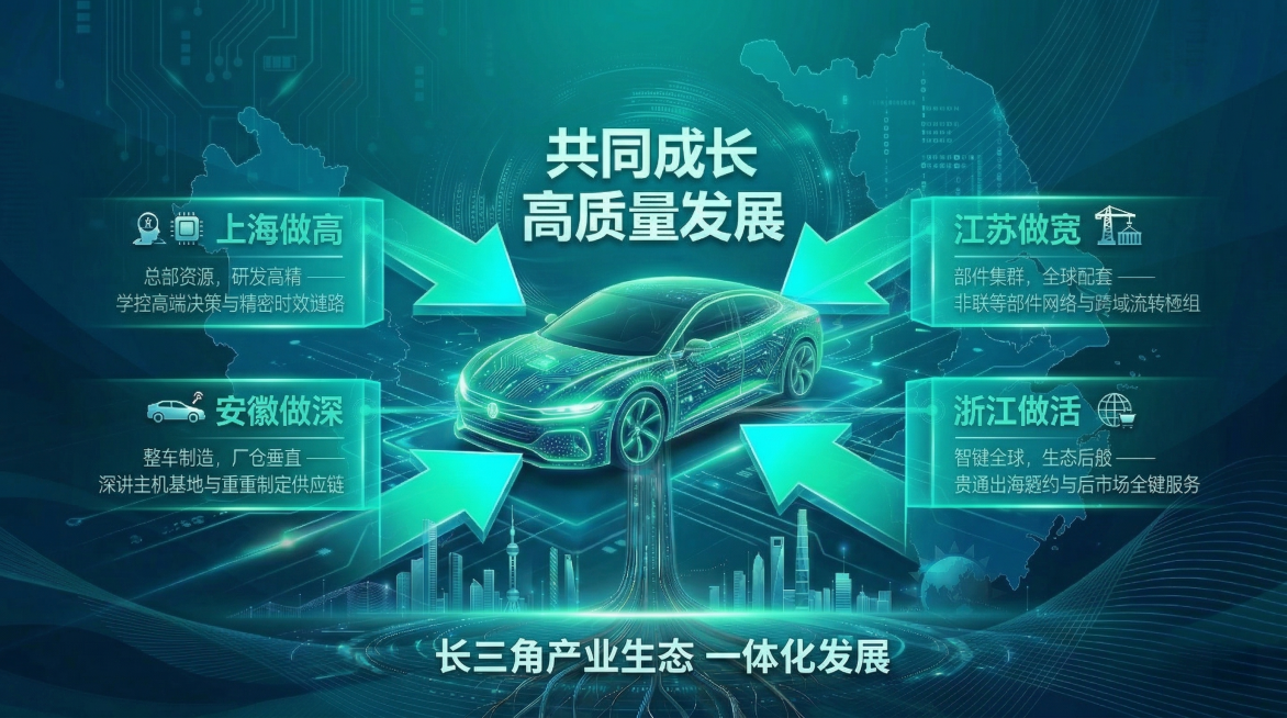 调整设计，四个省份定位分别放在四枚汇聚到中心的箭头/块上，共同指向中间的新能源汽车，体现四省合力打造产业生态，保留所有完整文案，保持科技感绿色背景和华东地图底纹，标题共同成长高质量发展，底部长三角产业预览效果