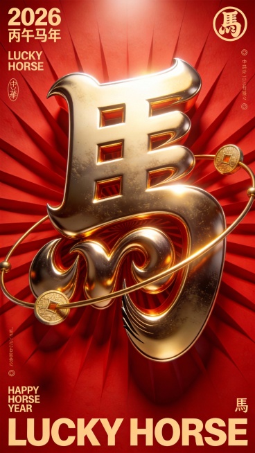 核心汉字：画面中央为一个巨大的3D金属质感“馬”字，髭文字，笔画极粗非常厚实饱满,笔画大体走势是黑体字（横平竖直),笔画非常粗,粗笔画之间相互堆叠交织缠绕,相互融合的形成紧密的夸张块面感,在抽象化处理预览效果