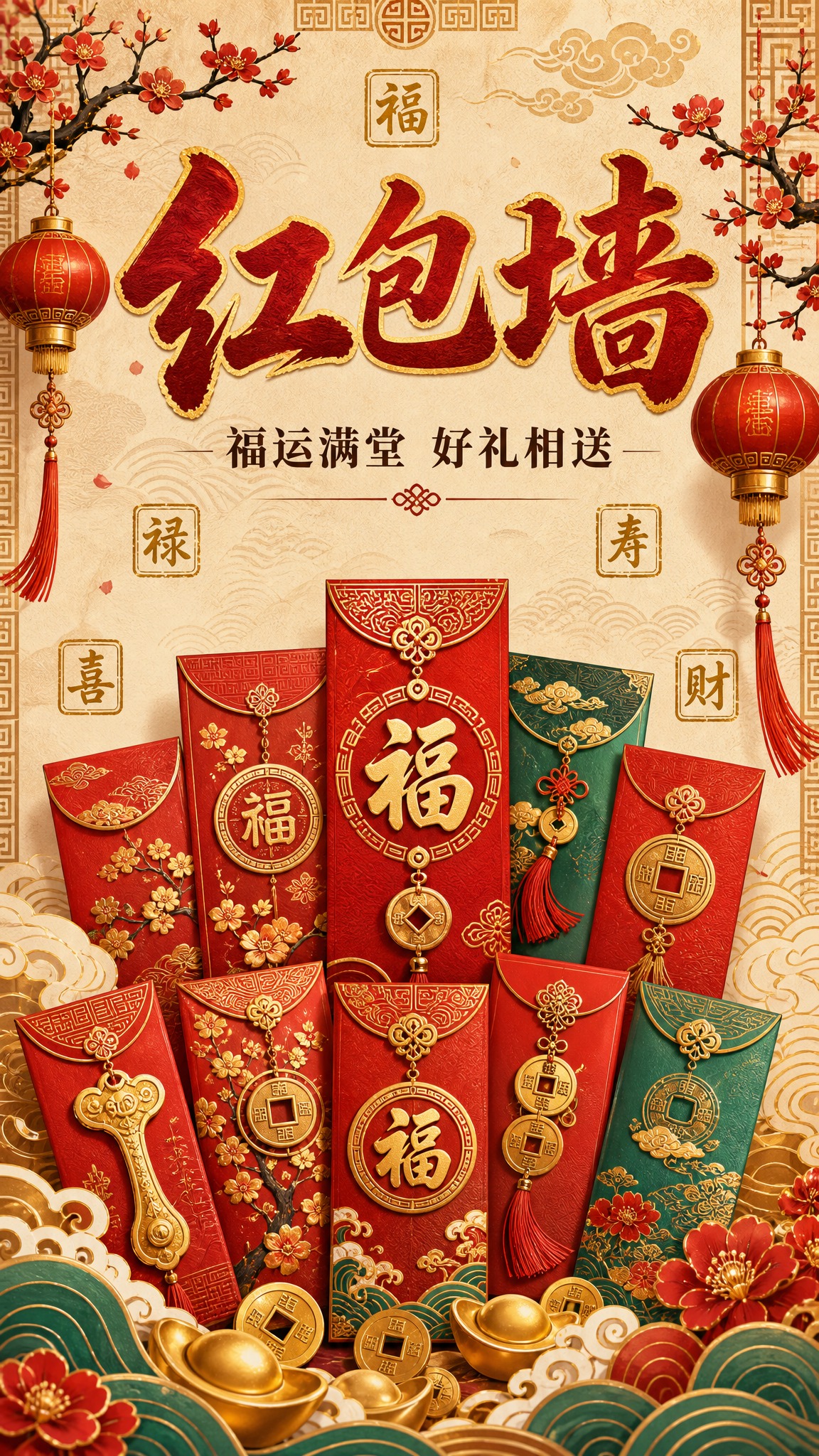 一张竖版红包墙活动背景海报，国潮新中式风格。画面顶部居中大标题… - 图片创意预览