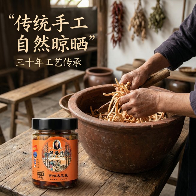 [主图 5 工艺展示] 展示古法手工制作木瓜丝的工艺场景，近景特写陶罐揉制木瓜丝，前景放置完整的辣婆娘木瓜丝产品罐，虚实结合，突出传统工艺匠心。标题“传统手工 自然晾晒”悬浮在左上角，副标题“三十年工预览效果