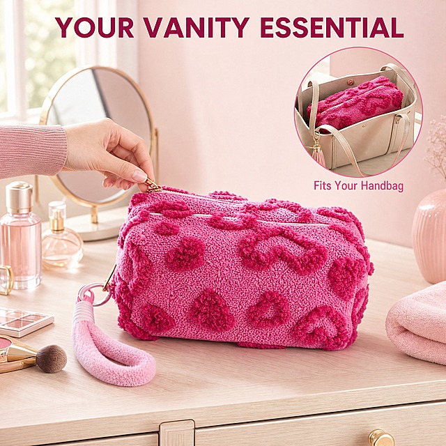 [主图-5] 商品名称 Plush Heart Women's Cosmetic Bag（毛绒心形女士化妆品收纳包）。唯一任务：真实家居使用场景图，证明它在日常梳妆收纳中的真实状态。场景为明亮整洁的卧室梳妆台或浴室浅色台面，米白木色台面配浅粉墙面，晨间自然窗光从左侧进入，台面上少量彩妆与香水瓶、小圆镜、柔粉毛巾自然摆放，产品稳稳放在台面中央作为主体，一位欧美成年女性的手部与前臂局部正轻拉包体顶部拉链，动作简单自然，仅露手部不露脸；画面右上角加一个圆形场景小窗，展示同一只收纳包被平稳放进日常手提托特包的完成状态。产品外观、材质、颜色与输入图一致，自然融入场景，具真实接触影与体积感，不出现硬切边与白底残留。[统一基调] Amazon 跨境 listing 信息图风格，柔和女性向粉调视觉；背景主色为奶油白到浅藕粉的柔和渐变，非首图统一使用浅藕粉底配柔粉环境色；标题字色深玫紫 #8B1D4E，辅助字色暖灰 #6B5A60，强调色亮玫粉 #E8558F；全套只使用同一款现代几何无衬线字体外观（粗体主标题加常规体说明文字），仅做字号层级变化，不混用衬线体或手写体；信息卡为白色圆角卡片配浅粉细描边与柔和投影；产品主体占画面 60%-80%，文字放在留白区不遮挡产品。[光影质感] 自然窗光加柔光板补光，场景环境色自然，毛绒质感柔软，产品与台面接触自然。[配色] 沿用浅藕粉底与柔粉环境色，场景色只作环境色。[文字版式] 主标题 "YOUR VANITY ESSENTIAL" 置于上方留白区最大最粗；小窗旁标注 "Fits Your Handbag" 使用同一字体外观并明显缩小；全部英文，无逗号无中文。[输出要求] 1:1，2048x2048，产品清晰、场景通透、文字可读。[负向] 禁止产品变形、色差、悬浮、抠图硬边、多余手指、畸形手、面部出现、中文、错字、水印、平台 Logo、杂乱背景。