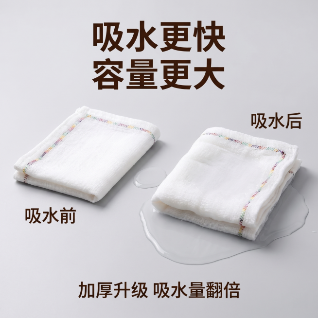 [主图 2] 吸水性效果展示主图，[氛围风格] 干净直观的测试展示风格，[画质] 商业摄影质感、光线柔和通透、产品清晰真实、画面干净高级，[元素] 百洁布吸水前后对比展示，保持产品彩虹包边外观和输入图预览效果