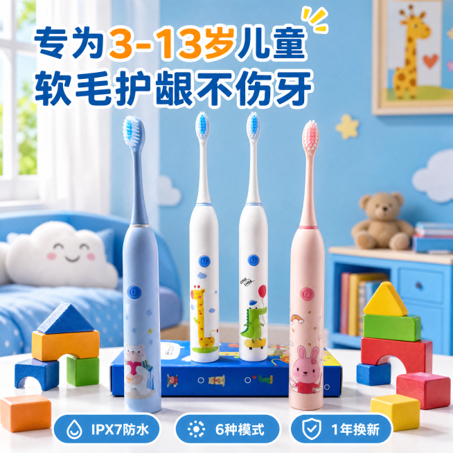 [主图-1] 儿童电动牙刷产品首图，活泼可爱儿童风，浅蓝儿童房背景配彩色小积木，四把卡通牙刷居中展示，保持产品原样，左上大字文案'专为3-13岁儿童 软毛护龈不伤牙'，底部三个标签'IPX7防水 6种预览效果
