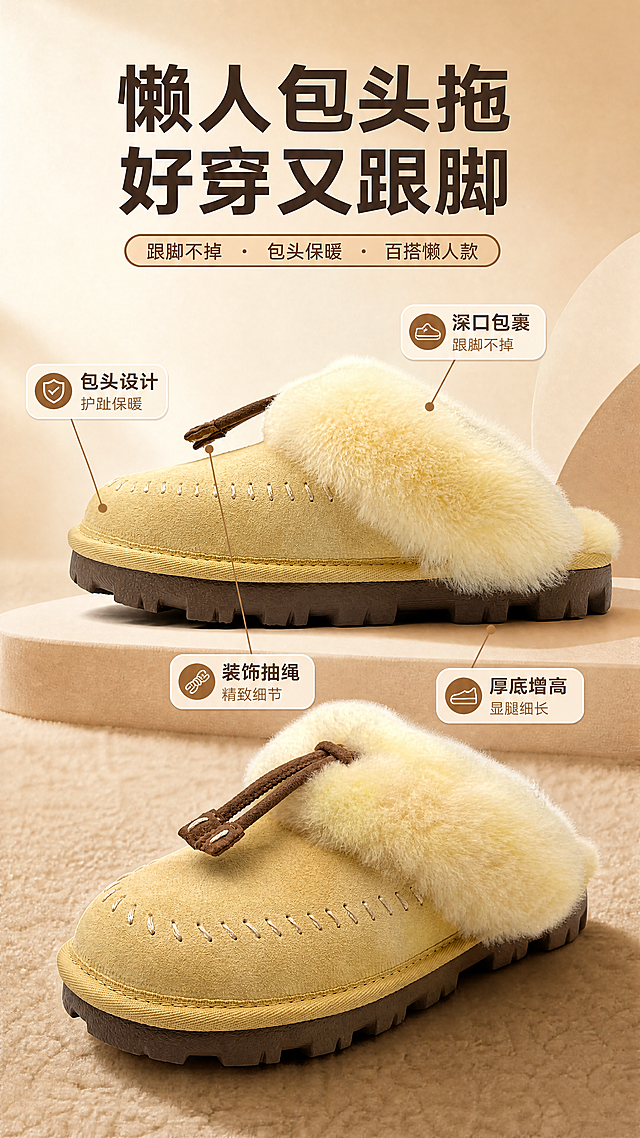[商品] 使用【图3】浅奶茶色拖鞋侧面图和【图5】浅奶茶色拖鞋斜侧图；商品处理：保留包头半拖版型、翻毛皮鞋面、鞋口羊毛翻边、棕色抽绳装饰、鞋面手工缝线、厚齿EVA大底的全部结构和颜色；增强翻毛皮绒面质感、羊毛蓬松度、鞋底立体感，自然理顺毛流，不改变鞋型比例。
[画面] 目标：解析鞋型设计，突出跟脚不掉、百搭懒人属性。构图：上下双角度展示，上方为侧面全貌（展示鞋型弧度和高度），下方为斜侧角度（展示包头设计和抽绳细节），中间穿插引线标注；主体占画面70%；背景为暖米色渐变+浅棕几何色块承托，简约有层次。
[视觉] 套系策略：风格=简约高级秋冬暖调商业摄影；标题字=现代无衬线粗体（字重Bold）；正文字=简洁无衬线体（字重Regular）；主色=暖米杏；背景延展=基于暖米杏做深浅渐变、同色系柔和过渡，搭配浅棕毛绒地毯/哑光纸张质感；强调色=焦糖棕，仅用于小面积图标、引线、标签和装饰线条；标题色=深炭棕；正文色=中暖棕；组件=圆角浅底信息卡、细棕线引线、小标签；光影=左前侧暖柔光，柔和阴影，毛绒边缘有轮廓光。
[文字] 顶部主标题「懒人包头拖 好穿又跟脚」，下方用引线从鞋型各部位引出标注：鞋口处标「深口包裹 跟脚不掉」、鞋头处标「包头设计 护趾保暖」、抽绳处标「装饰抽绳 精致细节」、鞋底处标「厚底增高 显腿细长」；文字全部横向排版，层级清晰。
[规格] 图片比例9:16竖版，4K高清，避免变形、错字、文字过小、冷蓝/冷灰背景、鞋型失真、颜色偏差。