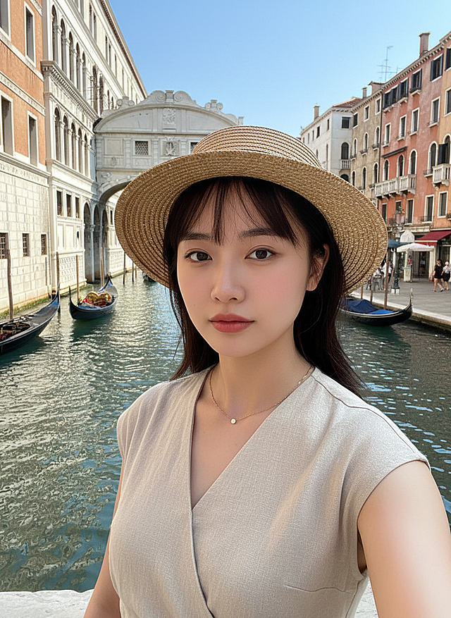 图片中的女生在意大利威尼斯叹息桥旁，衣服是时尚精致的夏装