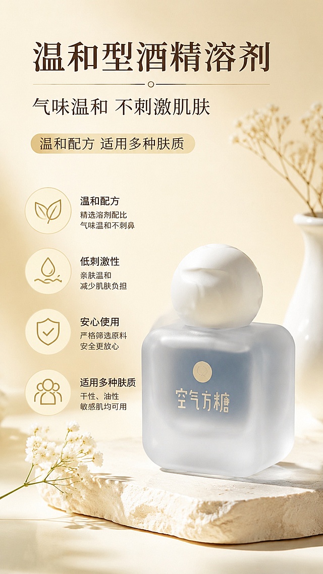 [第5屏] 温和溶剂卖点详情页，本屏使用【图1】蓝色款产品做主体展示。
[氛围/风格] 安心安全暖调，简洁干净专业，商业摄影质感。
[元素布局] 蓝色款香水瓶放置在画面下半部分偏右，占比约45%，上半部分做主题文字，左侧搭配温和溶剂成分示意图标，保持瓶身外观和浅蓝磨砂质感与原图一致。
[光影质感] 均匀柔光照明，瓶身通透，磨砂质感清晰，整体干净明亮。
[配色色系] 全局底色 #f9f1e0，保持整套详情页统一暖黄色调；主色浅蓝暖黄，辅助色深棕文字，色调和谐统一。
[视角构图] 上文字下产品的上下构图，重心稳定，阅读自然。
[文字版式] 顶部主标题「温和型酒精溶剂」，副标题「气味温和 不刺激肌肤」，分点说明温和配方适用多种肤质，文字排版舒适，不遮挡主体，手机清晰可读。
[比例分辨率] 9:16竖版比例，分辨率2K，文字清晰可辨，高清画质。
[负向提示词] 瓶身变形，缺件错件，颜色偏差，水印，文字错乱，产品图模糊，文字过小，背景杂乱