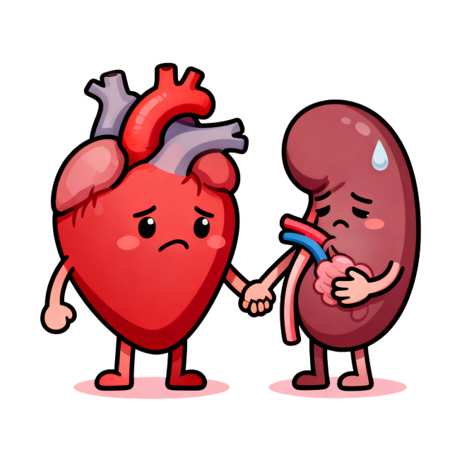卡通Q版风格，1:1正方形构图，画面中有拟人化的心脏和肾脏两个可爱角色，它们手拉手挨在一起，其中一个皱着眉头表现出生病不舒服的样子，另一个也捂着自己的部位露出难受的神情，背景是柔和的浅粉色医疗相关的简预览效果