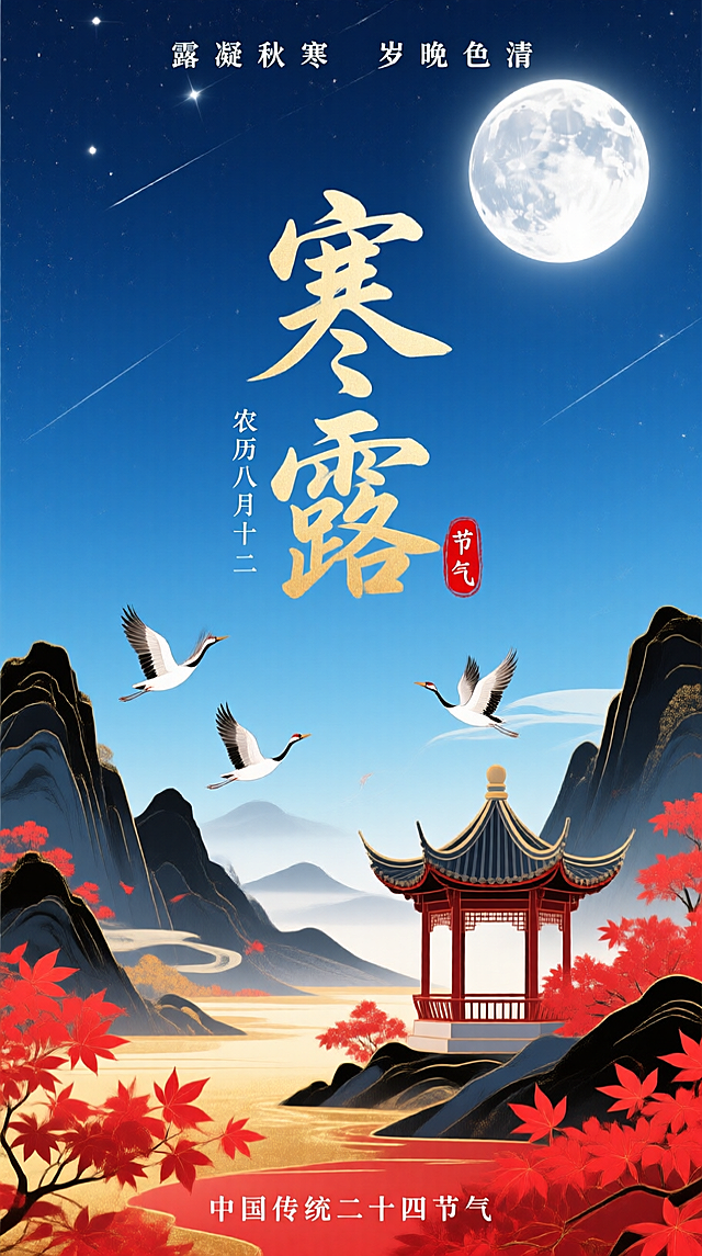 水墨风与国潮风交融，插画式山水间飞鹤掠影，红叶映月，大字“寒露”点睛，尽显古典唯美与秋天静谧诗意。