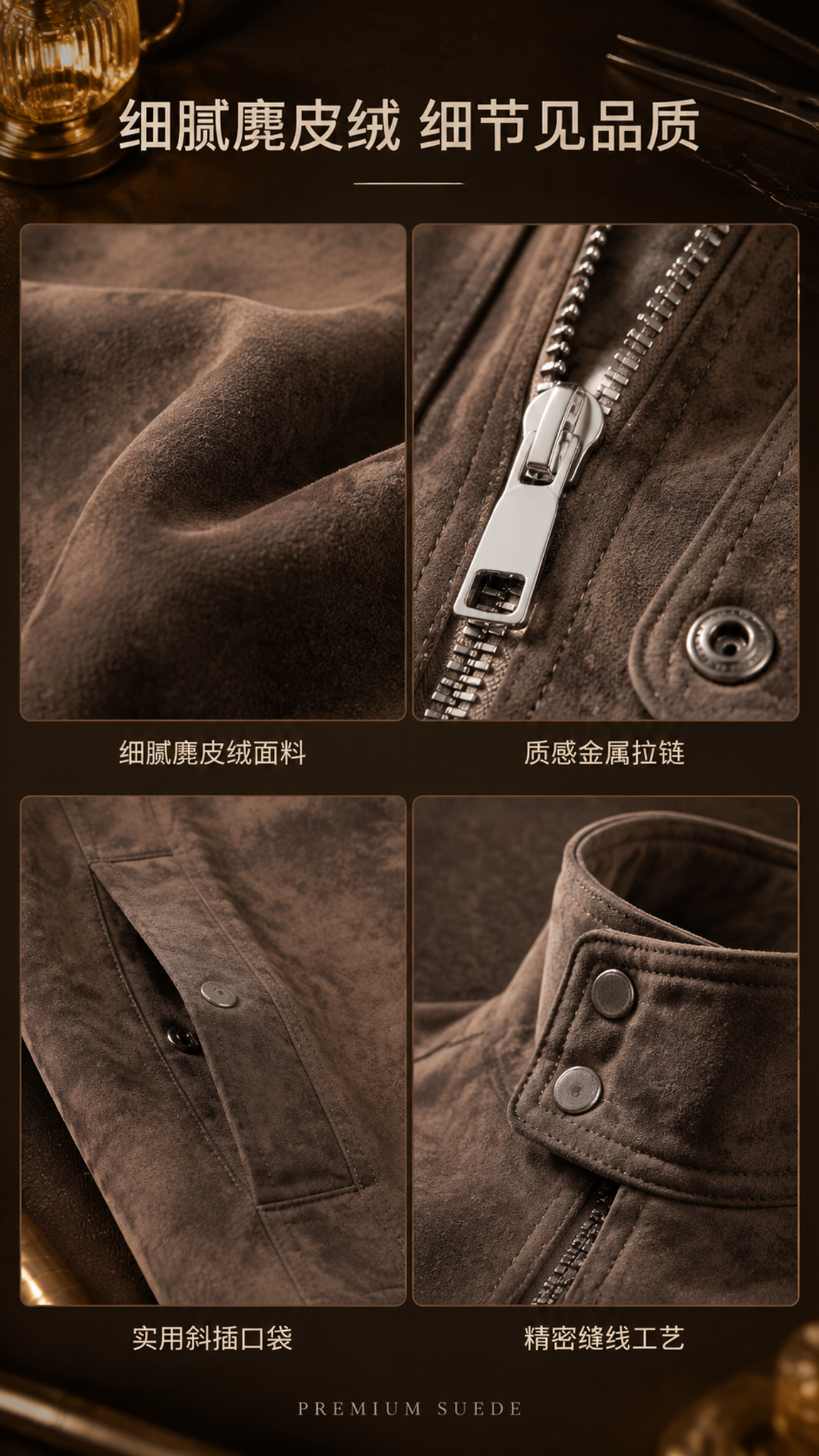 [第3张] 详情页面料与细节-棕色麂皮绒立领夹克面料与细节特写… - 图片创意预览