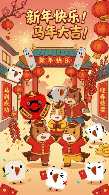 新年马年主题海报，融入图1到图6的卡通元素，搭配可爱卡通小马，整体风格喜庆欢快，带有新年装饰元素，如红灯笼、鞭炮、春联，画面热闹充满年味预览效果
