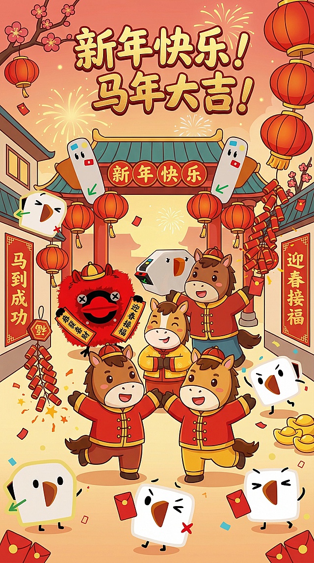 新年马年主题海报，融入图1到图6的卡通元素，搭配可爱卡通小马，整体风格喜庆欢快，带有新年装饰元素，如红灯笼、鞭炮、春联，画面热闹充满年味
