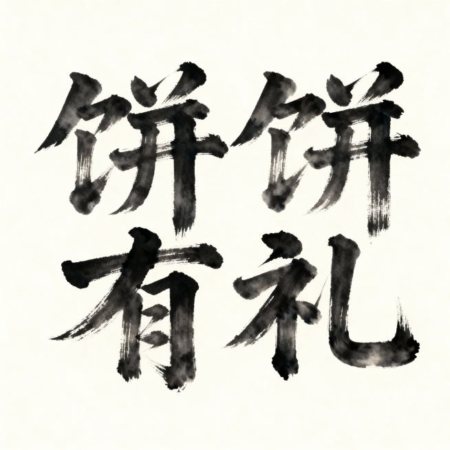 纯米白色背景上，以浓墨重彩的毛笔书法风格书写“饼饼有礼”四个大字，笔触苍劲有力、飞白自然，墨色浓淡过渡富有韵律感，整体布局居中对称，留白充足，营造传统典雅且庄重喜庆的视觉氛围，字体结构舒展大气，边缘略预览效果