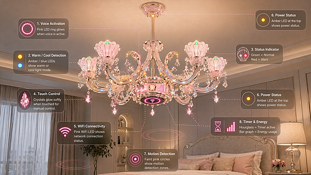 Based on the reference image, add clearly visible smart function indicators to the soft pink and rose gold single metal rod Rococo chandelier: 1. A circular pink LED status ring in the center medallion that glows for voice activation; 2. Subtle amber/blue LED dots along each curved arm for warm/cool temperature detection; 3. Tiny LED indicators in each shell motif (green=normal, red=alert); 4. Soft glowing crystals when touched for manual control; 5. Small WiFi symbol made of tiny pink LEDs in the central medallion; 6. Small amber indicator at the top connection point for power status; 7. Faint pink circles for motion detection zones; 8. Hourglass-shaped pink LED pattern for timer functions and LED bar graph for energy usage. Keep the primary soft pearl pink and rose gold champagne color theme, matte rose gold single rod, delicate Rococo shell and flower motifs, multiple simple curved branching arms with modest crystals, warm-cool 2700K-6500K adjustable main lighting. All smart indicators are pink/amber/green and clearly visible while integrated aesthetically into the classical design. Installed in a modern bedroom, product photography, 2K resolution, medium quality.