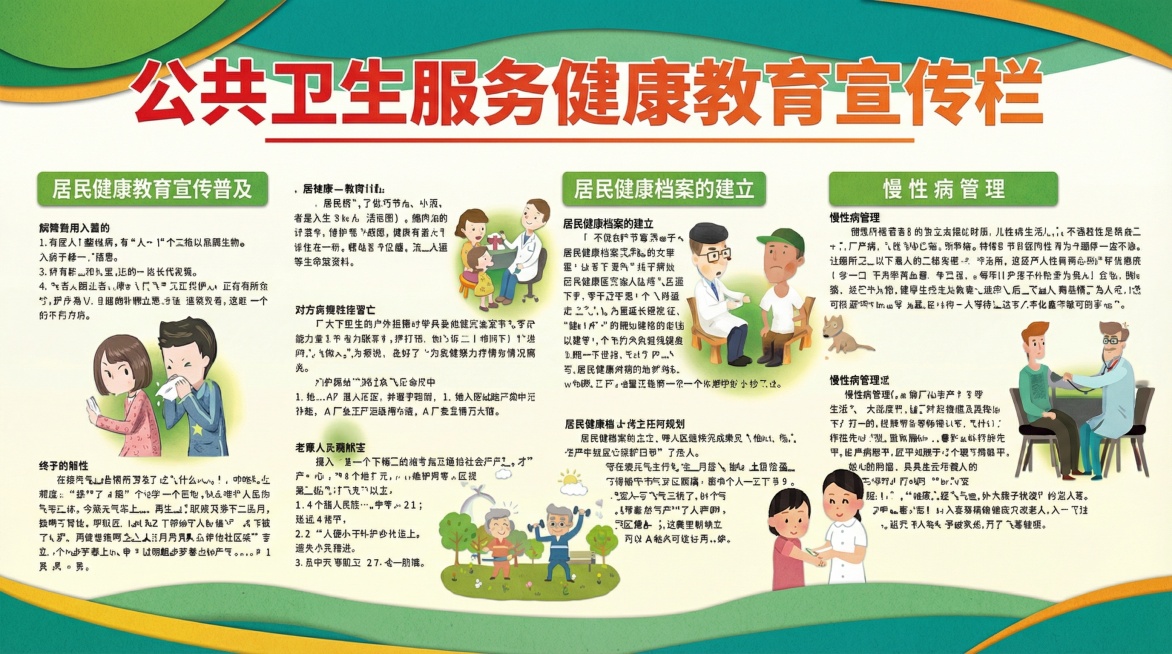 参照以上图片的艺术风格与媒介，并生成以下描述的图片：公共卫生服务健康教育宣传栏，采用平面设计风格结合剪纸艺术手法，线条简洁利落，色块分明，具有现代插画感，细节处融入手绘纹理，整体呈现出既专业又亲切的视预览效果
