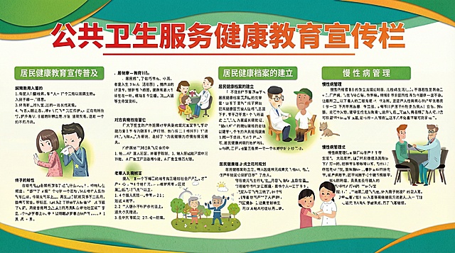 参照以上图片的艺术风格与媒介，并生成以下描述的图片：公共卫生服务健康教育宣传栏，采用平面设计风格结合剪纸艺术手法，线条简洁利落，色块分明，具有现代插画感，细节处融入手绘纹理，整体呈现出既专业又亲切的视觉效果，适合公共空间展示。