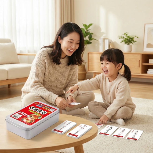 「图片1」上传了产品图片，请根据产品设定背景，需要把产品加进去，产品：益智成语卡片图片使用背景生成：要求：1：亲子使用成语接龙卡牌互动游戏背景，2：无AI痕迹、背景整洁，3：图片产品占比50%预览效果