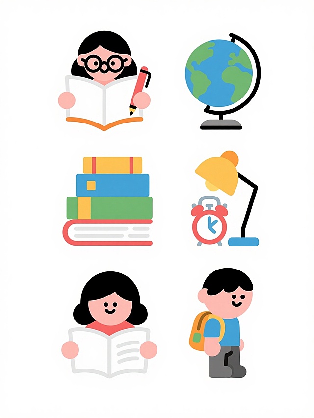 白色背景上，六个排列整齐的学习主题插画，每个插画采用扁平风格，线条简洁流畅，色彩明快，包含不同的学习元素：戴着眼镜阅读的卡通女孩、打开的笔记本和钢笔、堆叠的彩色书本、地球仪和放大镜、台灯和闹钟、背着书包的男孩，每个元素都有圆润的造型和简约的细节，整体保持统一的学习氛围和视觉风格。