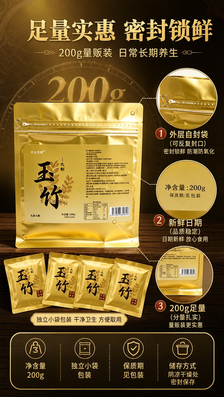[商品] 使用【图1】九蒸九晒玉竹200g装产品；保留金色铝箔… - 图片创意预览