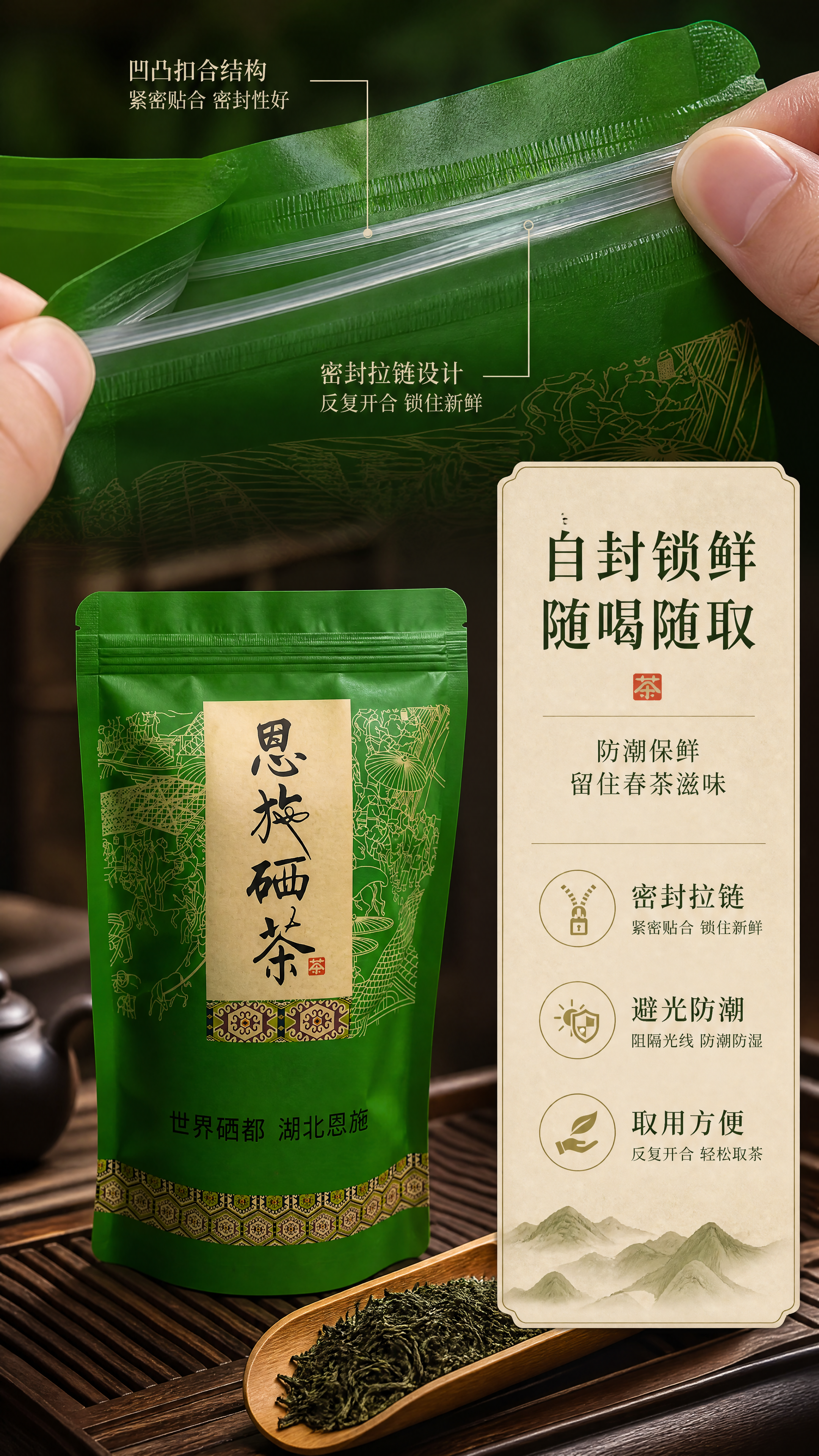 [商品] 使用【图1】恩施硒茶绿色自封袋包装，重点展示袋口密封… - 图片创意预览