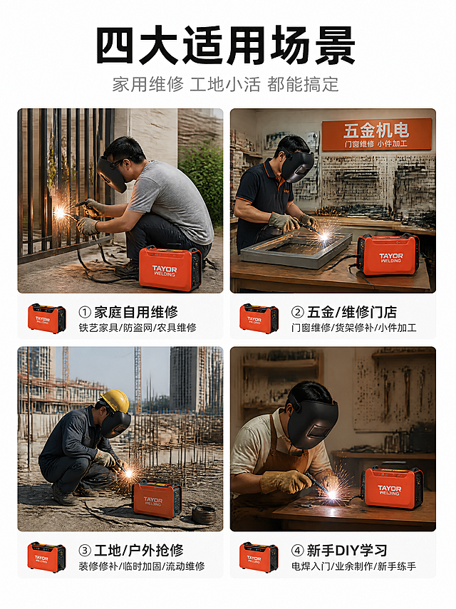 [第7张] 适用场景四宫格页-四大使用场景。本张使用【图1】作为产品小图辅助。
[氛围/风格] 实景场景风，真实感强，生活化+工业风。
[元素布局] 画面分为2x2四宫格，每格一个场景：左上家庭维修（铁艺家具/防盗网修补）、右上五金门店（门窗维修/小件加工）、左下工地抢修（户外零散活/流动维修）、右下新手DIY（电焊入门练习）；每格场景图中融入小型电焊机产品示意；产品外观颜色与输入图一致；顶部标题区。
[光影质感] 各场景自然光感，每格独立光影自然，整体明亮通透。
[配色色系] 全局底色 #FFFFFF白色卡片分隔；主色橙红产品；辅助色深灰文字；每格场景色各有主色调但整体统一。
[视角构图] 四宫格布局，阅读动线从左上到右下，顶部标题。
[文字版式] 顶部主标题「四大适用场景」，副标题「家用维修 工地小活 都能搞定」；四宫格每格底部配场景标题+短说明：①家庭自用维修 铁艺家具/防盗网/农具维修；②五金/维修门店 门窗维修/货架修补/小件加工；③工地/户外抢修 装修修补/临时加固/流动维修；④新手DIY学习 电焊入门/业余制作/新手练手。
[比例分辨率] 3:4竖版比例，4K分辨率，文字清晰可辨。
[负向提示词] 变形，水印，文字错乱，文字过小，缺件错件，结构错误，颜色偏差，场景杂乱。
