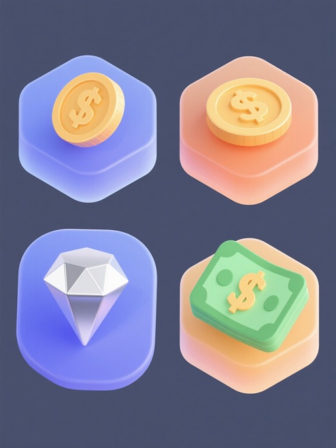 一组四个不同2.5D风格金融货币元素的系列图标，保持统一的等轴测视角、圆润边缘和光滑渐变质感，每个元素采用不同的纯色背景和主体色彩，元素内容分别为金币、银币、钻石和钞票，规整排列成2x2网格，无文字、水印和二维码，强调立体感和光泽感。预览效果
