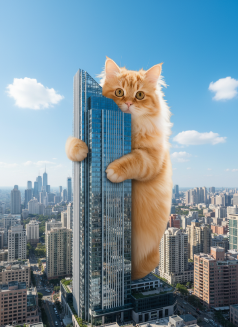 在现代化高楼林立的城市里，主体一只巨大的橘猫抱着一栋大厦，橘猫的身体与大厦一样大，巨物感，超现实主义，蓝天白云预览效果
