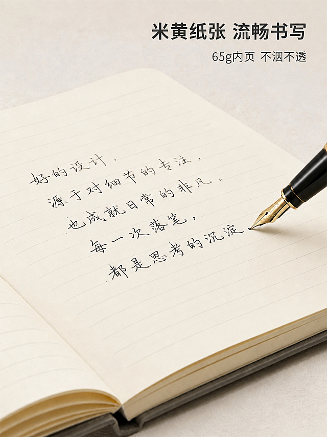将图片右上角的文字“80g加厚”修改为“65g内页”，保持字体、字号、颜色、位置与原文字完全一致，其他所有元素（笔记本、钢笔、手写文字、背景、“米黄纸张 流畅书写”标题、“不洇不透”文字等）保持不变，整体风格和画质与原图一致