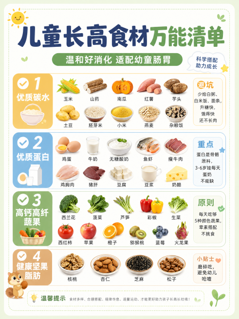 清新育儿种草风格海报，内容为儿童长高食材万能清单，整体版式精美，信息分区清晰，主标题区域突出，文字清晰可读，整体色调清新柔和，适合母婴育儿内容分享。画面包含：主标题"儿童长高食材万能清单"，副标题"温预览效果