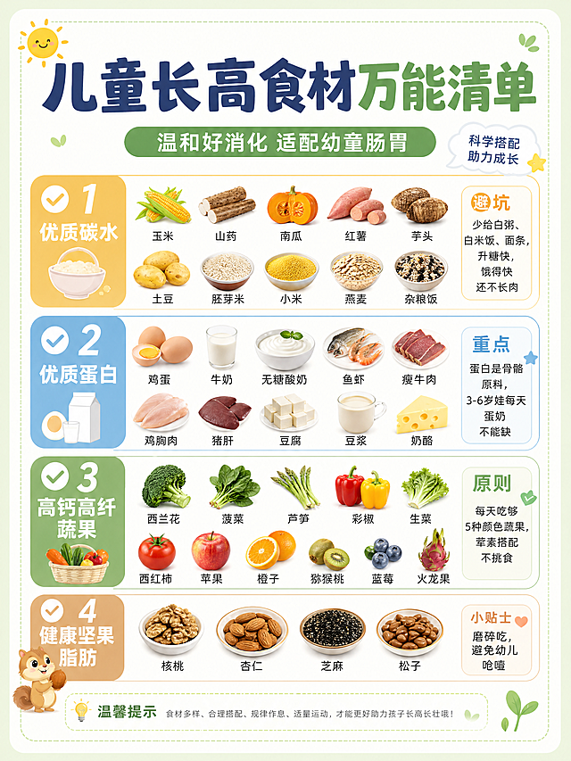 清新育儿种草风格海报，内容为儿童长高食材万能清单，整体版式精美，信息分区清晰，主标题区域突出，文字清晰可读，整体色调清新柔和，适合母婴育儿内容分享。画面包含：主标题"儿童长高食材万能清单"，副标题"温和好消化 适配幼童肠胃"，装饰文案"科学搭配 助力成长"，四个卖点分区：
1. ✅优质碳水：玉米、山药、南瓜、红薯、芋头、土豆、胚芽米、小米、燕麦、杂粮饭，避坑：少给白粥、白米饭、面条，升糖快，饿得快还不长肉
2. ✅优质蛋白：鸡蛋、牛奶、无糖酸奶、鱼虾、瘦牛肉、鸡胸肉、猪肝、豆腐、豆浆、奶酪，重点：蛋白是骨骼原料，3-6岁娃每天蛋奶不能缺
3. ✅高钙高纤蔬果：西兰花、菠菜、芦笋、彩椒、生菜、西红柿、苹果、橙子、猕猴桃、蓝莓、火龙果，原则：每天吃够5种颜色蔬果，荤素搭配不挑食
4. ✅健康坚果脂肪：核桃、杏仁、芝麻、松子（磨碎吃，避免幼儿呛噎）
画面四边留足安全边距，文字不贴边，层级分明，整体干净整洁，专业可信，符合母婴育儿内容风格。